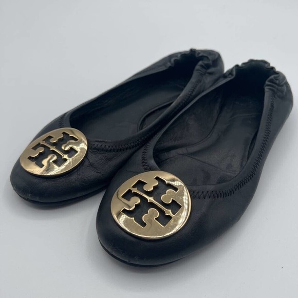 Tory Burch Shoes - Tory Burch Womens Ballet Flats Shoes Black Leather Slip On Stretch Medallion 7 M
